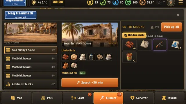 Search houses, the souq and the pharmacy, and find a hidden stash.