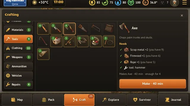 Make your own tools from scrap, wood and rope, and clothes and weapons from what you gather.